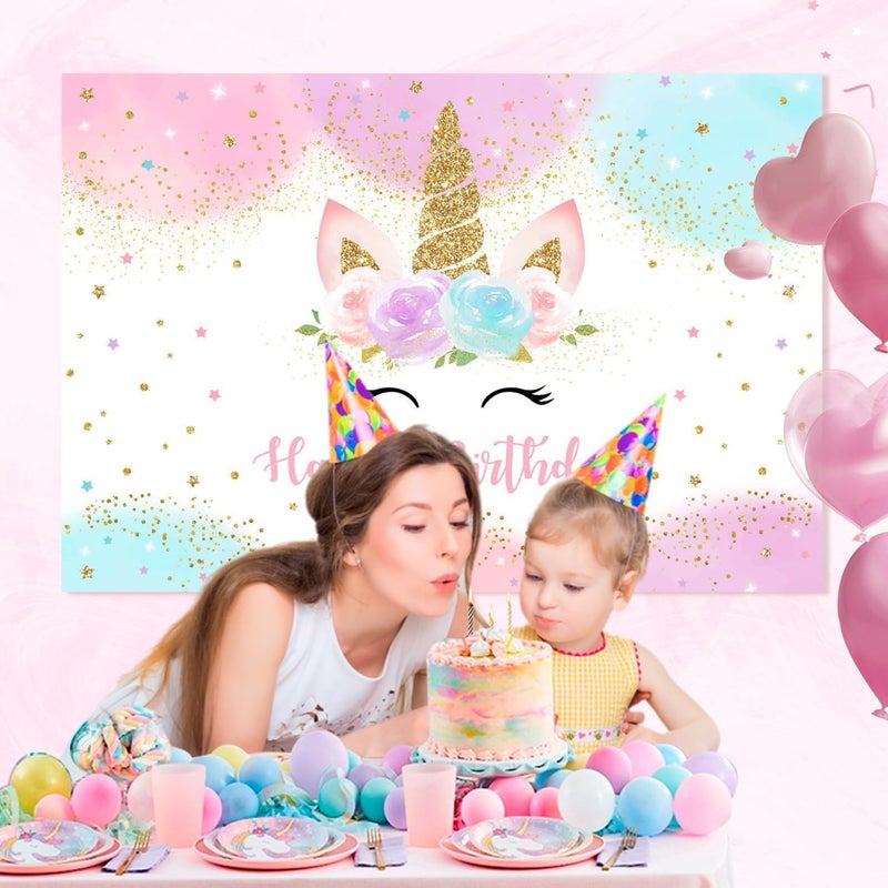 Mocsicka Unicorn Birthday Decorations Unicorn Backdrop for Girls Birthday Party 7x5ft Pastel Rainbow Unicorn Glitter Stars Dots Happy Birthday Banner Photo Booth Props - Image 3